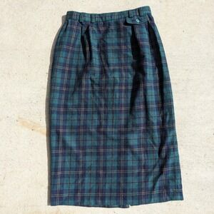 Vintage Preston York Tartan Plaid Wool Midi Skirt Size 10/28" Green Navy Preppy